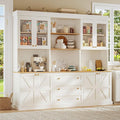 71" Farmhouse Kitchen Pantry Cabinet Set of 3, White Freestanding Coffee Bar Hutch with Glass Doors, Drawers & Adjustable Shelves, Large Storage Cabinet with Microwave Stand for Kitchen