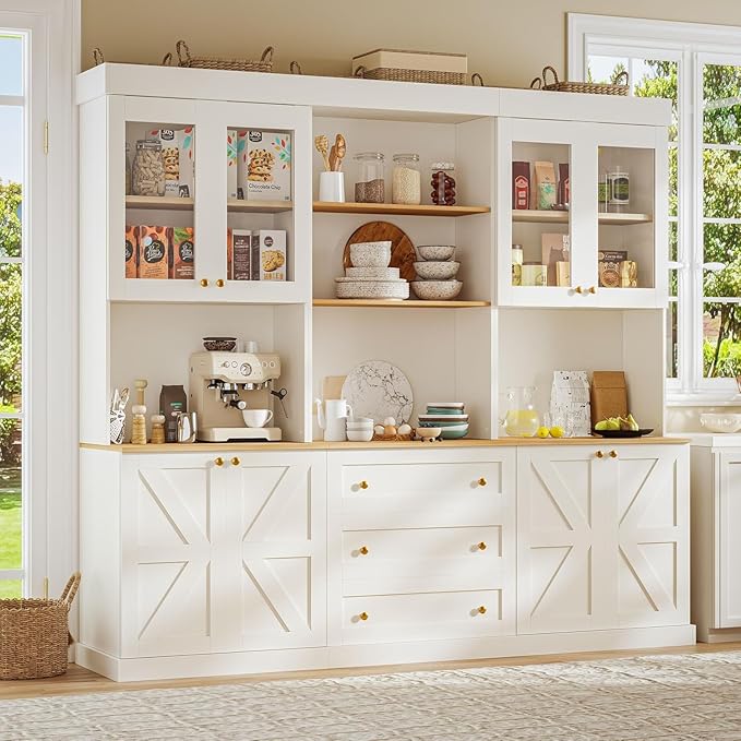 71" Farmhouse Kitchen Pantry Cabinet Set of 3, White Freestanding Coffee Bar Hutch with Glass Doors, Drawers & Adjustable Shelves, Large Storage Cabinet with Microwave Stand for Kitchen