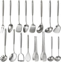 Newness 16 Pcs Cooking Utensils Set, 304 Stainless Steel Kitchen Utensils Set, Metal Kitchen Accessories, Include Soup Ladle, Slotted Skimmer Spoon, Spaghetti Spoon and Spatula, Dishwasher Safe