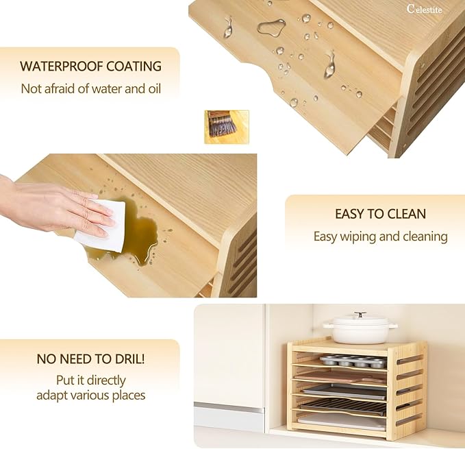 celestite Wooden Tray Dividers for Cabinets, Cookie Sheet Organizer for Cabinet, Baking Sheet Pan Organizer for Kitchen Organizers and Storage (6 Tier 12.4" Wx14.1 Hx16.7 D)