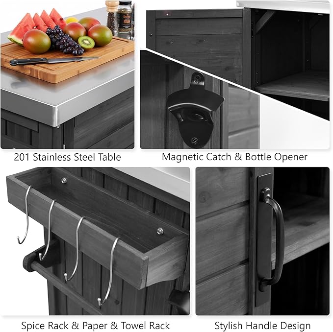 78.3" Outdoor Kitchen Island with Foldable Grill Table - Wooden Grill Cart with Stainless Steel Top, Trash Can Storage and Adjustable Shelves