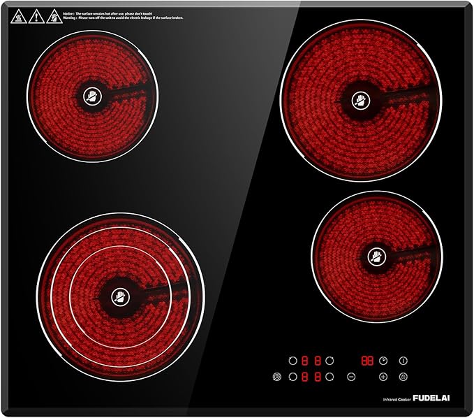 24 Inch Electric Cooktop 4 Burners,6500W 24" Electric Ceramic Cooktop with Child Lock & Auto Safety, Built-in/Countertop Infrared Cooker, 9 Power Levels, Easy-Clean Glass (No Plug)