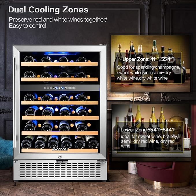 AAOBOSI Wine Fridge - 24-inch Dual Zone Wine Cooler Holds 51 Bottles, 41-64.4°F Wine Cooler Fridge with Digital Touch Screen, Built-in or Freestanding Fridge，for Home，Restaurant, Bar
