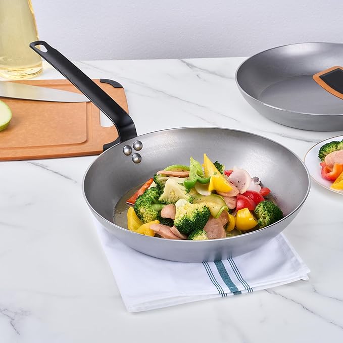 Restaurantware Met Lux 12 Inch Fry Pans, 6 No-Stick Frying Pans - Induction-Ready, Triple-Riveted, Silver Carbon Steel Cooking Skillets, Durable, For Searing, Sauteing, And Browning Food