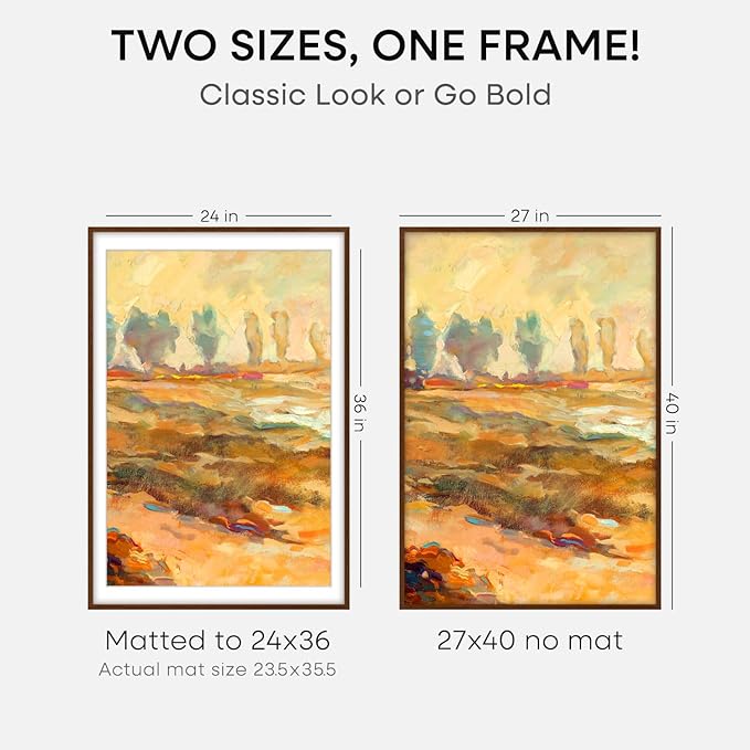 Homeforia 27x40 Poster Frame Brown, High End Dark Oak 27x40 Large Wooden Frame with Mat 24x36, 27 x 40 Walnut Wood Picture Frame Matted to 24 x 36, 40x27 Thin Frame, Tempered Glass, Wall Kit, Set of 2