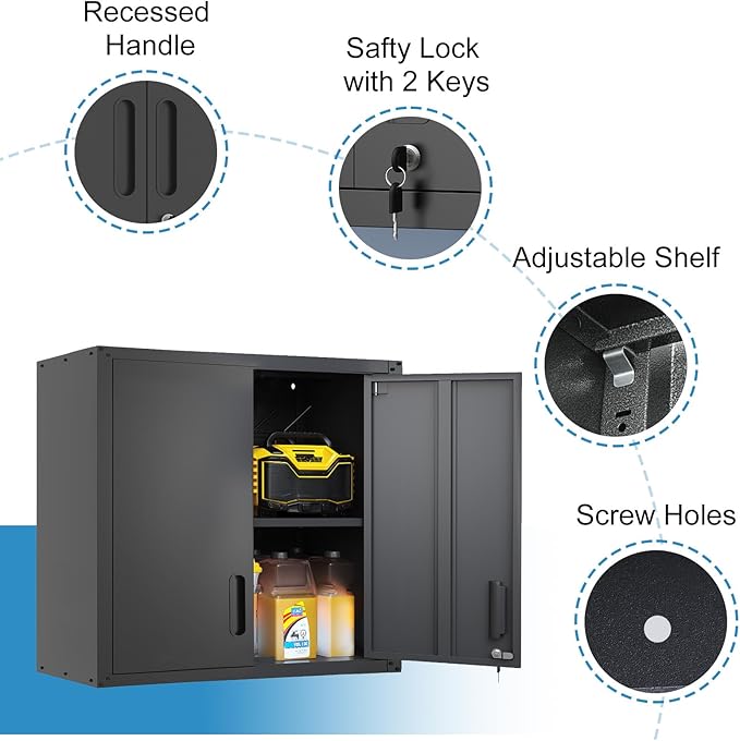Garage Storage Cabinet Wall Cabinet with 2 Doors,Lockable Black Tool Cabinets Wall Mounted with Adjustale Shelves,Heavy Duty Hanging Cabinets for Warehouse Kitchen Laundry,Assembly Required