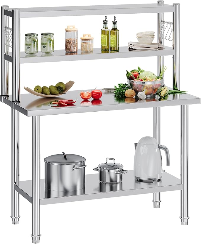 48"x24" NSF Stainless Steel Work Table with Overshelves, Adjustable Shelf & Hooks, NSF-Certified Heavy-Duty Prep Station for Commercial Kitchen, Restaurant, or Garage