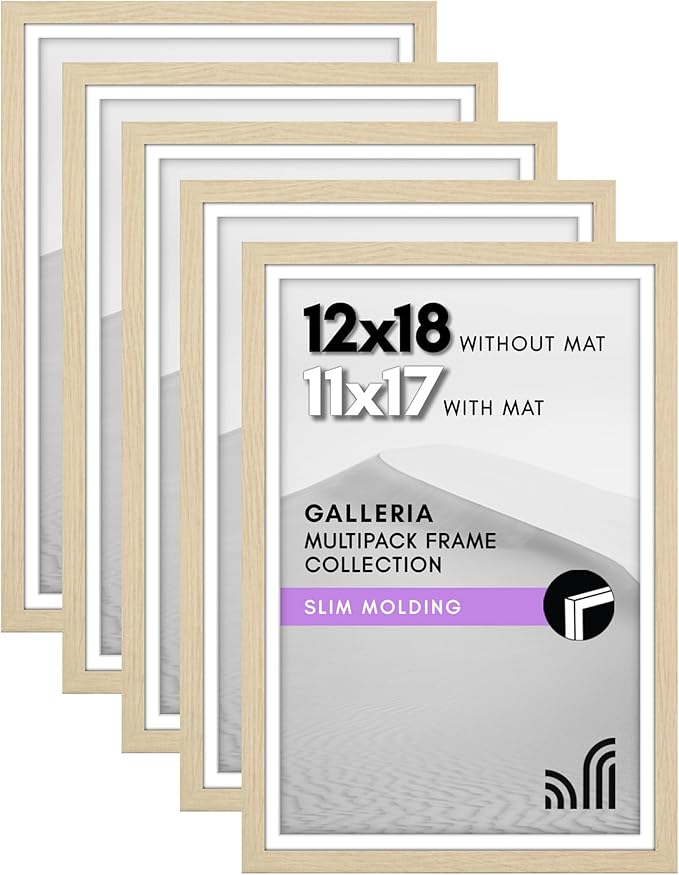 Americanflat 12x18 Poster Frame with Polished Plexiglass - Set of 5 - Use as 11x17 Frame with Mat or Display 12x18 Photo Without Mat - Galleria Collection - Picture Frames for Wall - Natural Oak