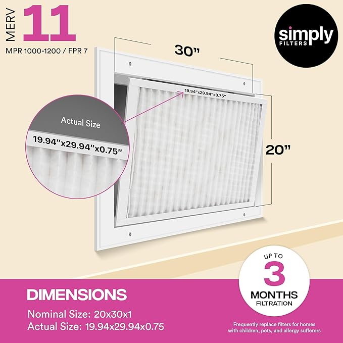 Simply 20x30x1 Air Filter, Merv 11, 6 Pack, For Home AC Furnace & HVAC (Actual Size: 19.94"x29.94"x0.75") DUST, Pet, & Allergy Control