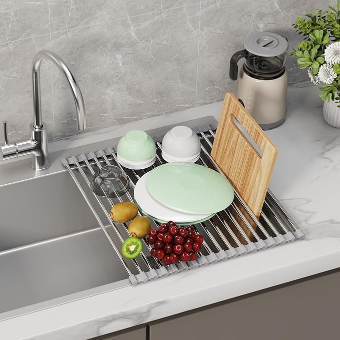Foldable Over Sink Dish Drying Rack - Stainless Steel Sink Drain Rack with Silicone Edges, Roll-Up Storage for Kitchen, RV, Dorm Sinks (18.5×13.7 in)