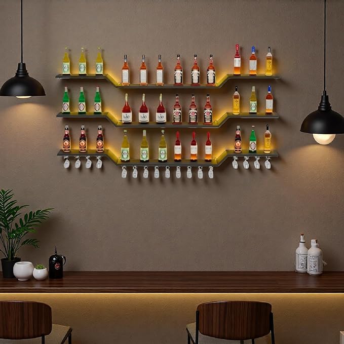 55.1" Wall Mounted LED Wine Rack, 3-Tier Floating Bar Shelves, Large Liquor Shelf with Wine Glass Rack, Large Bar Rack Wall Mounted for Liquor Bottles, Home Bar, Dining Room or Cafe, Black