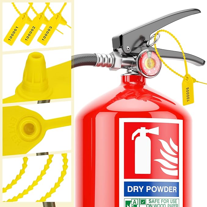 1000 Pcs Plastic Tamper Seals Fire Extinguisher Tags Security Tags Seals Safety Numbered Zip Ties Labels Safety Disposable Self Locking Signage 250 mm Length (Yellow)