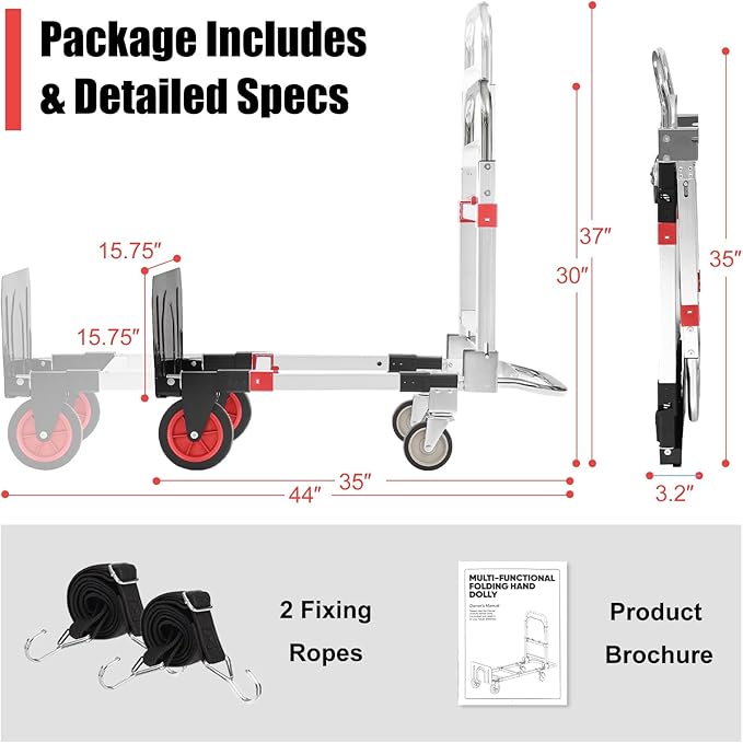 3 in 1 Folding Hand Truck Dolly Cart, Heavy-Duty Foldable and Convertible Design, Lightweight Portable Utility Cart with Rubber Wheels and Telescoping Handle for Moving, 500 lbs Capacity (Red)