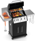 SKOK 4+1 Burners Gas Grill with Infrared Side Burners, Outdoor BBQ Grill with Cast Iron Grates, Barbecue Grill with Wheels, 60,000BTU Output