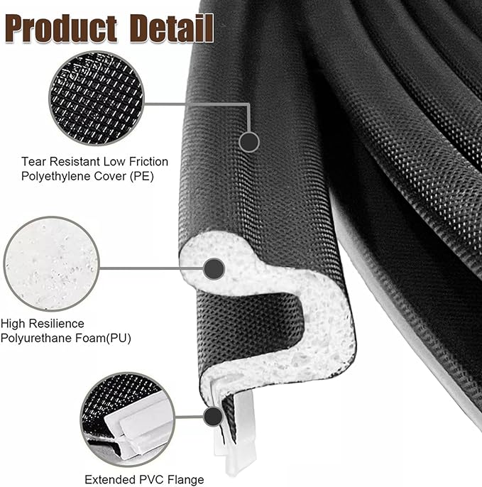 26 FT Door Frame Extra Thick Kerf Non-Adhesive Weather Stripping Seal Strip PU Foam, PE Cover, Groove Slot Installation for Large Gap, Sound, Dust, Water Insulation (26ft, Black, Extra Thick Flanged)