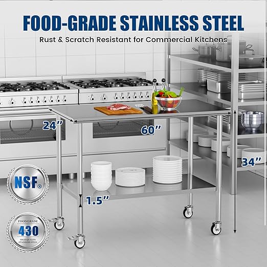 Stainless Steel Work Table with Wheels, 24x60 Inch NSF Kitchen Prep Table with Adjustable Undershelf for Commercial Restaurant, Garage, Outdoor BBQ