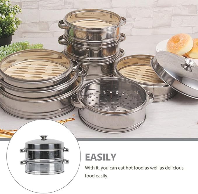 Sosoport 2-tier Stainless Steel Cooking Steamer with Cover Thickened Food Steamer for Home Kitchen Multi-functional Dumpling and Bun Small Commercial Size for Breakfast and Dim Sum