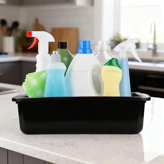 4-Pack Plastic Storage Bin, Bus Utility Tub, Heavy Duty Commercial Dishwashing Box for Restaurant Kitchen Organization and Storage, 24L, Black