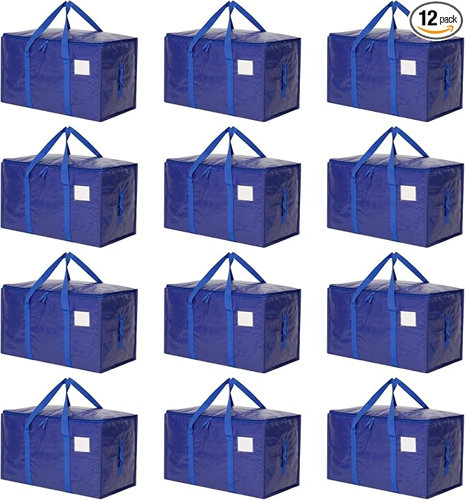 Moving Bags Heavy Duty Extra Large, Moving Boxes, Moving Supplies Essentials, Blue Storage Bins with Lids, Plastic Packing Totes, Storage Bags for Clothes with Handles & Zippers(Blue, 12 Pack)