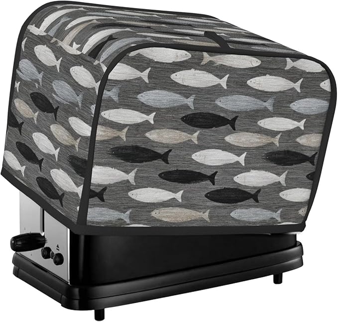 2 Slice Toaster Cover for Kitchen Gray Fish Pattern Waterproof and Dustproof Oxford Fabric Toaster Dust Cover with Side Pockets Decorative Universal Cover for Wide Slot Toasters and Small Appliances