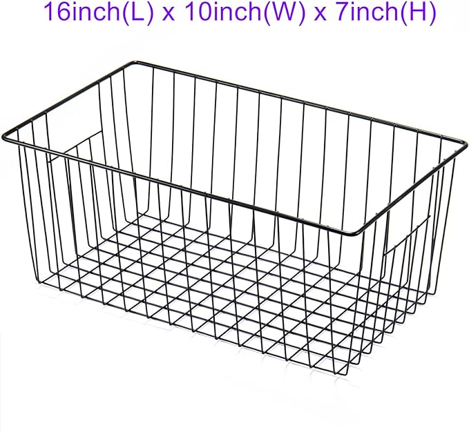 16inch Freezer Wire Storage Organizer Baskets, Household Refrigerator Bin with Built-in Handles for Cabinet, Pantry, Closet, Bedroom