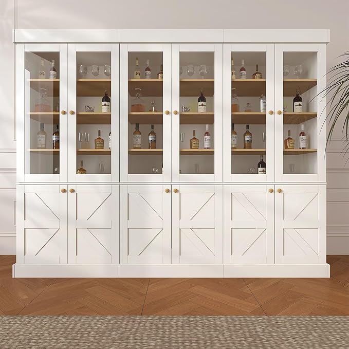 Vyre 71" Tall Farmhouse Kitchen Pantry, Set of 3 Large Storage Cabinets with Glass Doors, Adjustable Shelves, Wood Versatile Hutch Cabinet for Living Room, Dining Room, Kitchen