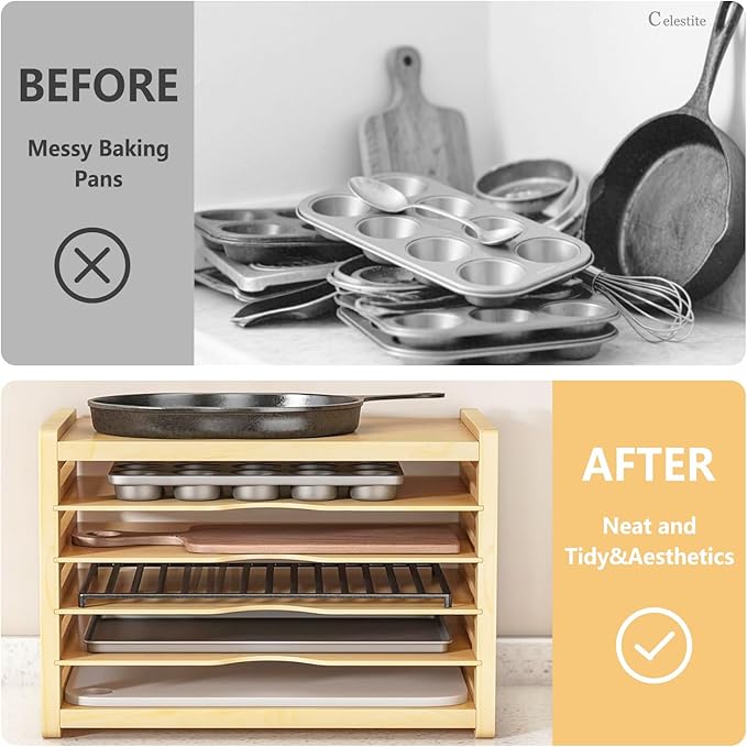 celestite Wooden Tray Dividers for Cabinets, Cookie Sheet Organizer for Cabinet, Baking Sheet Pan Organizer for Kitchen Organizers and Storage (6 Tier 12.4" Wx14.1 Hx16.7 D)