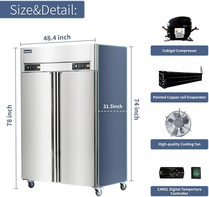 ICECASA 48" W Commercial Refrigerators and Freezer Combo Reach-in 36 Cu.ft 2 Solid Door Stainless Steel Refrigerators and Freezer Combo Fan Cooling for Restuarant, Bar, Shop, etc