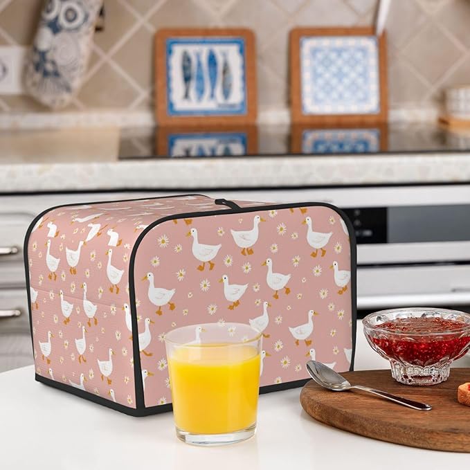4 Slice Toaster Cover for Kitchen Goose Pattern Daisy Flower Waterproof and Dustproof Toaster Dust Cover with Side Pockets Decorative Universal Cover for Wide Slot Toasters and Small Appliances