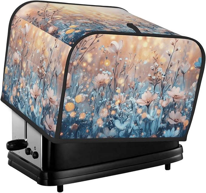 4 Slice Toaster Cover for Kitchen Flower Field Landscape Waterproof and Dustproof Toaster Dust Cover with Side Pockets Decorative Universal Cover for Wide Slot Toasters and Small Appliances