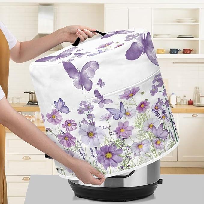 Flashideas Purple Butterfly Pressure Cooker Cover for Women Insulated Rice Cooker Cover with Easy to Clean Lining Stain Resistant Dust Cover with Pockets for Instant Pot 6 Quart Appliance Cover