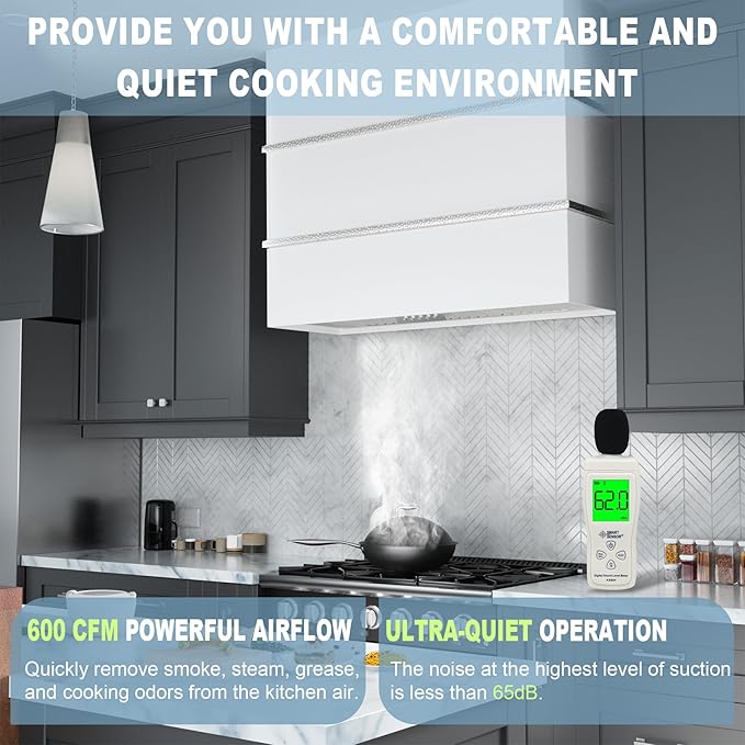 Akicon Range Hood 36 Inch, Stainless Steel Ducted Kitchen Hood with Powerful Motor, Wall Mount Modern Box, 36W X 30H X 14D Inch, AK-HS36HA-SWN (Signal White with Nickel)