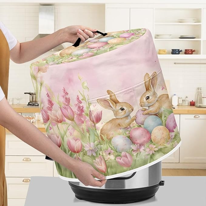 TODIYADDU Tulip Bunny Pressure Cooker Cover for 3 Quart Instant Pot Insulated Kitchen Appliance Dust Cover for Round Pressure Cooker Slow Cooker Practical Instant Pot Air Fryer Easter Decorations, L