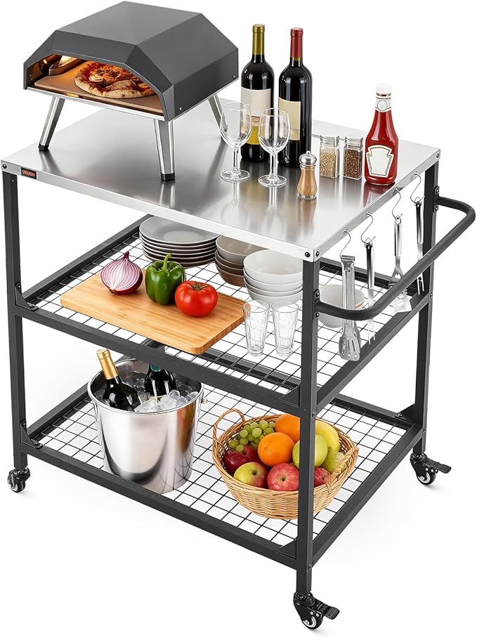 VEVOR Outdoor Grill Cart, 31.5 x 24.0 inch Stainless Steel Tabletop Size Grilling Table, Outdoor Cooking Table with 4 Wheels & Side Handle, Two Mesh Shelves, BBQ Prep Tables for Patio, Garden
