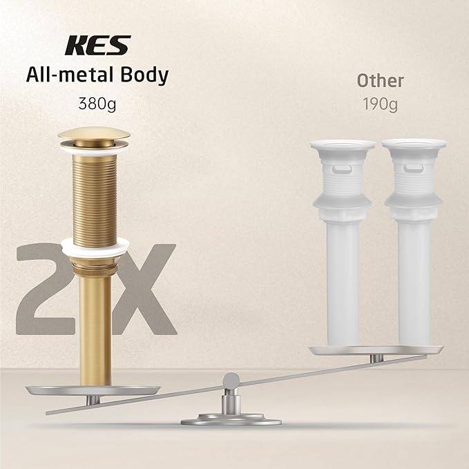 KES All-Metal Pop Up Bathroom Sink Drain, Extended Thread for Thicker Vessel Sinks & Countertops, Durable Brass & Stainless Steel, No Overflow, Brushed Gold, S2022D-BZ