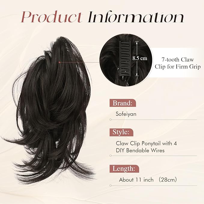 SOFEIYAN Claw Clip Short Ponytail Extension DIY Bendable Wires Hair Bun Fluffy Fake Hair Piece Straight Synthetic Hair Ponytail Extensions for Wonen - Black Brown