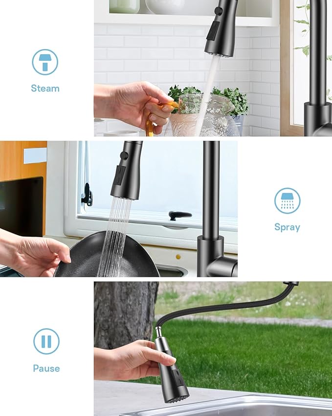 WEWE Kitchen Faucet with Pull Down Sprayer and Soap Dispenser, Stainless Steel Kitchen Sink Faucets, 3-Mode High Arc Single Handle Faucet for RV Farmhouse, Matte Gray