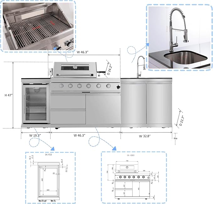 98-Inch Natural Gas Outdoor Kitchen Island - 72000 BTU 4-Burner Grill with Refrigerator, Granite Countertops & Rotisserie, Silver