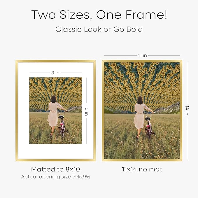 Homeforia 11x14 Picture Frame Gold, High End Metal 11x14 Poster Frames with Mat for 8x10, 11 x 14 Gold Frame Matted to 8 x 10 inch Photo, 11by14 Thin Hanging Frames, Tempered Glass, Wall Kit, Set of 2