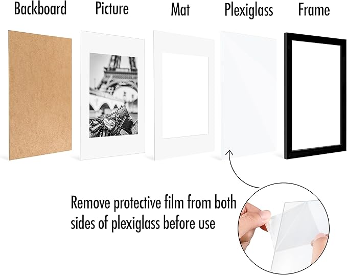 Americanflat 8x12 Picture Frame with Polished Plexiglass - Set of 5 - Use as 6x8 Frame with Mat or Display 8x12 Photo Without Mat - Galleria Collection - Picture Frames for Wall Display - Black