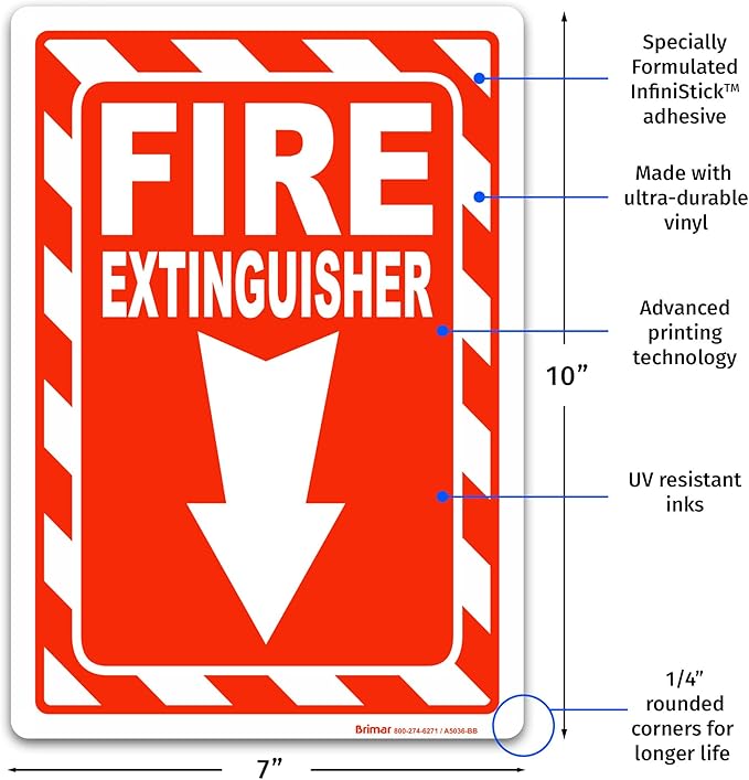 Brimar - 7" x 10" - Fire Extinguisher Sign - 3.5 Mil InfiniStick™ Vinyl Label - Bold Text And Symbol - High Visibility
