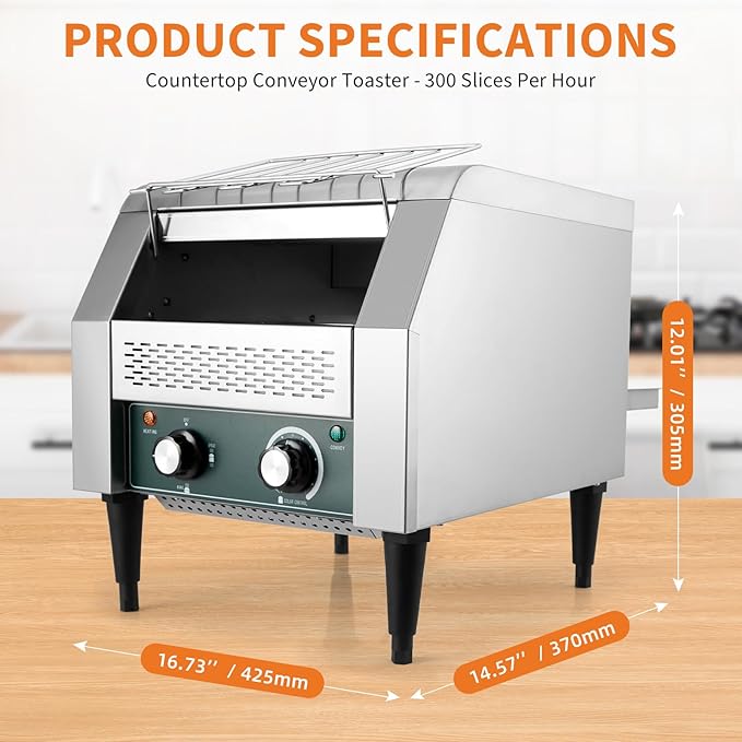 High-Capacity Commercial Conveyor Toaster, 1800w 110v for 450 Slices Per Hour, Stainless Steel Construction with 7 Browning Settings & Timer, Ideal for Restaurant, Bagel Shop, Bakery, Buffet