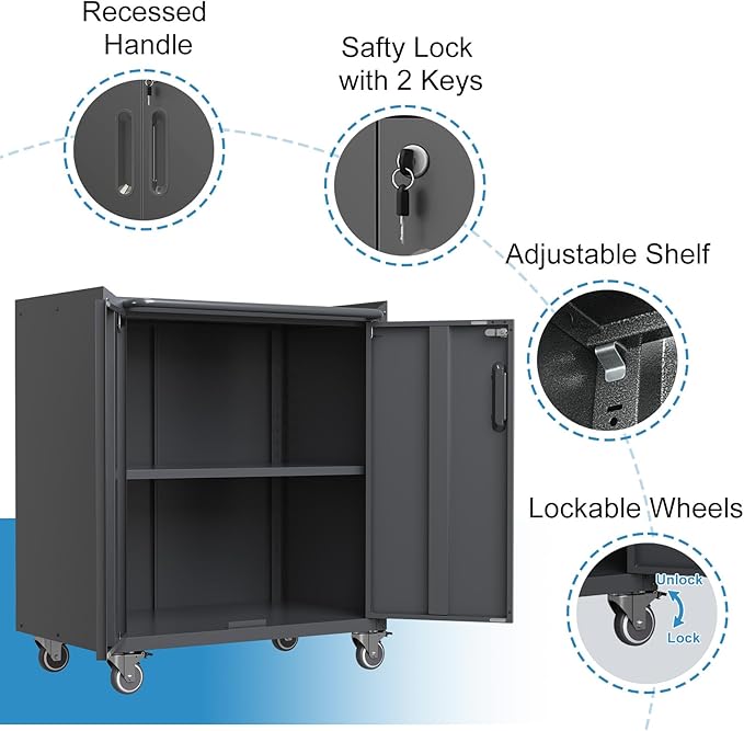 Black Metal Storage Cabinet for Garage with Wheels Rolling Tool Cabinets with Adjustale Shelves Heavy Duty Rolling Tool Cart with Lock for Warehouse Garage Basement Kitchen, Assembly Required