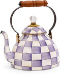 MACKENZIE-CHILDS Enamel Tea Kettle, Decorative Tea Kettle for Stovetop, 3 Quarts, Purple-and-White Violet Check