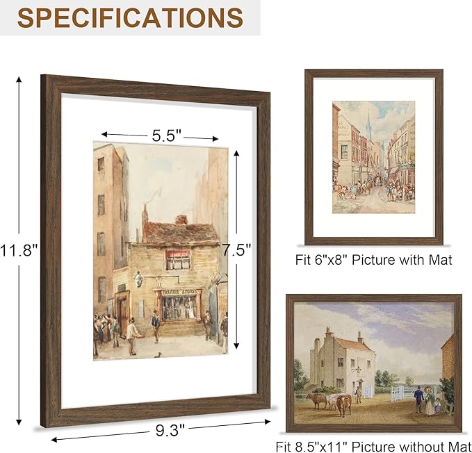 Vittanly 8.5x11 Picture Frame, Solid Wood Frame with Plexiglass, Includes 6x8 Mat, Wall Hanging or Tabletop for Photos, Home Decor, Brown, 1 Pack