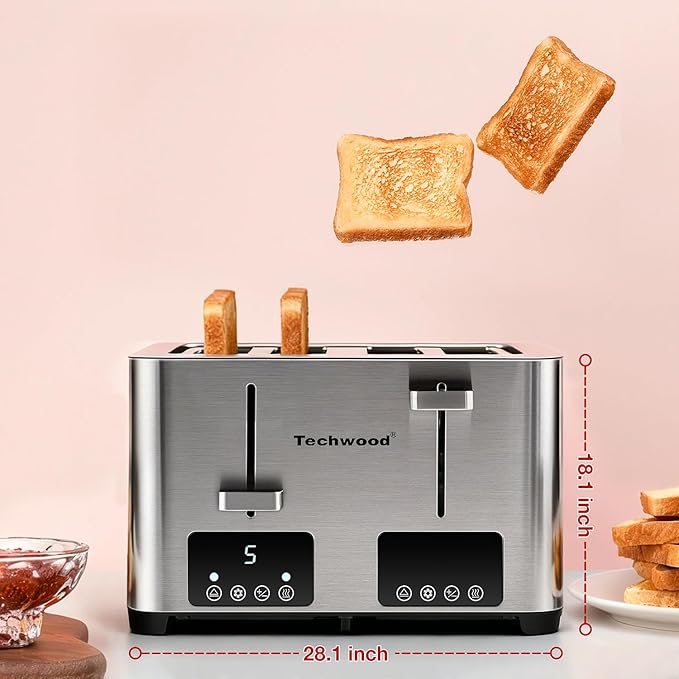 Toaster 4 Slice, Techwood Stainless Steel 4-Slice Toaster Wide Solt with LED Display & 6 Shade Settings, Perfect for Bagels, Waffles and More, Cancel/Defrost Functions & Removable Crumb Trays, 1500W
