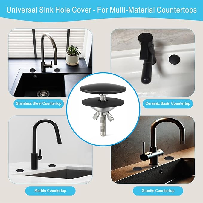 2 Inch Faucet Hole Cover, Sink Hole Cover, Solid Brass Black Finish Kitchen Sink Tap Hole Plate Stopper Cover for Home Kitchen and Bathroom, Kitchen Sink Hole Covers (Black)