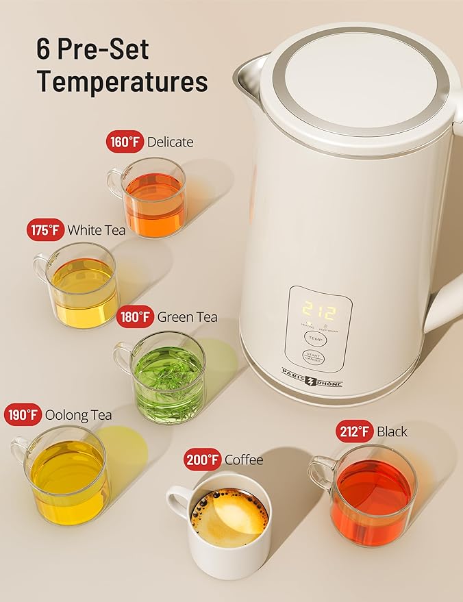 PARIS RHÔNE Electric Tea Kettle, 1.7L Temperature Control Electric Kettle, 4H Keep Warm Water Boiler with 6 Presets, LED Screen Electric Kettles for Boiling Water, Boil-Dry Protection, BPA Free