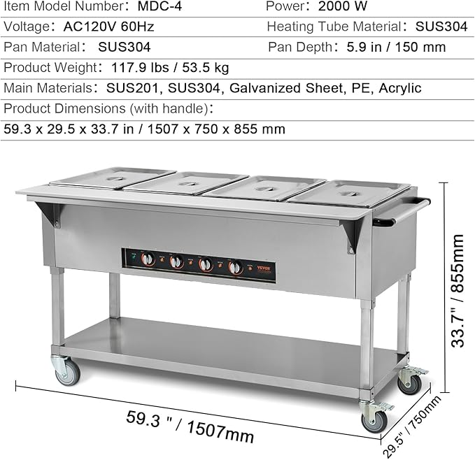 VEVOR Commercial Food Warmer, 2000W Electric Steam Table with 4 x 20.6QT Pans, Versatile Food-Grade Stainless Steel Server with Countertop & Shelf, Movable Buffet Catering Warmer for Party Restaurant