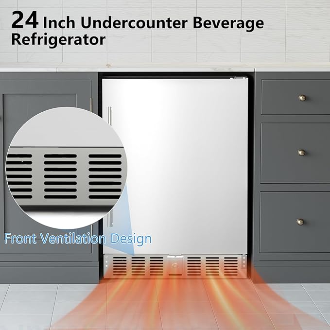 24 Inch Beverage Refrigerator, Under Counter Freestanding Beverage Cooler 180 Can, Outdoor Fridge with Stainless Steel Door, Outdoor Refrigerator for Patio, Home, Kitchen, Bar (Silver)